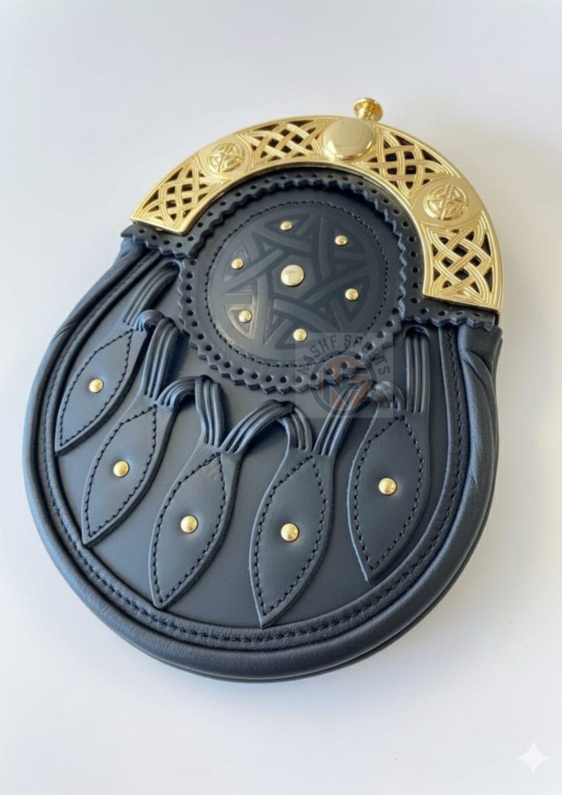 Handmade Black Real Leather Dress Sporran with Celtic Gold Cantle Kilt Accessory
