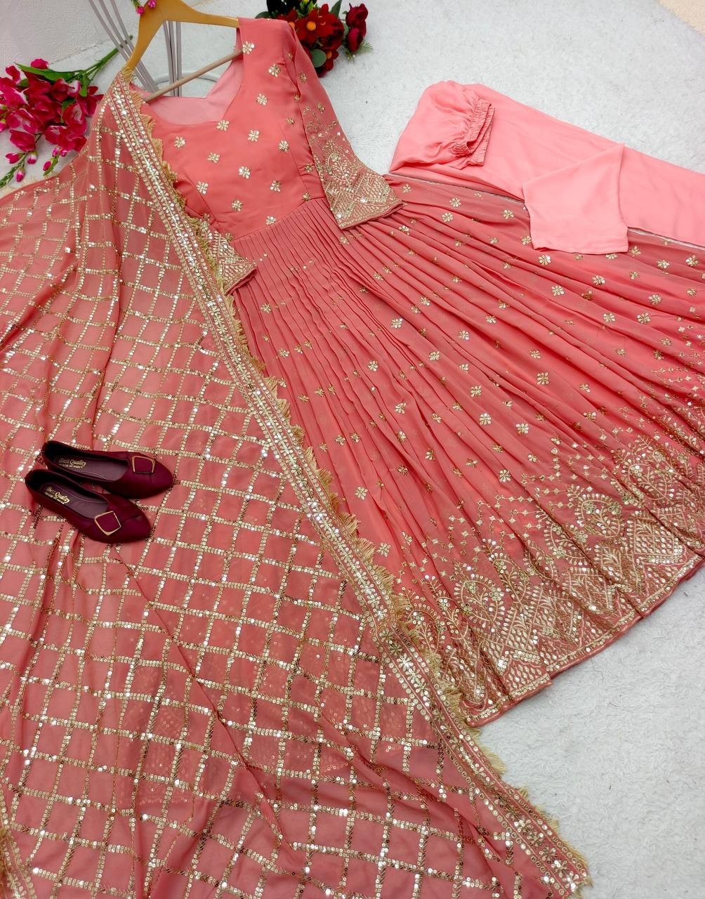 Heavy Faux Georgette Peach Gown Bottom With Dupatta For Functional Wear