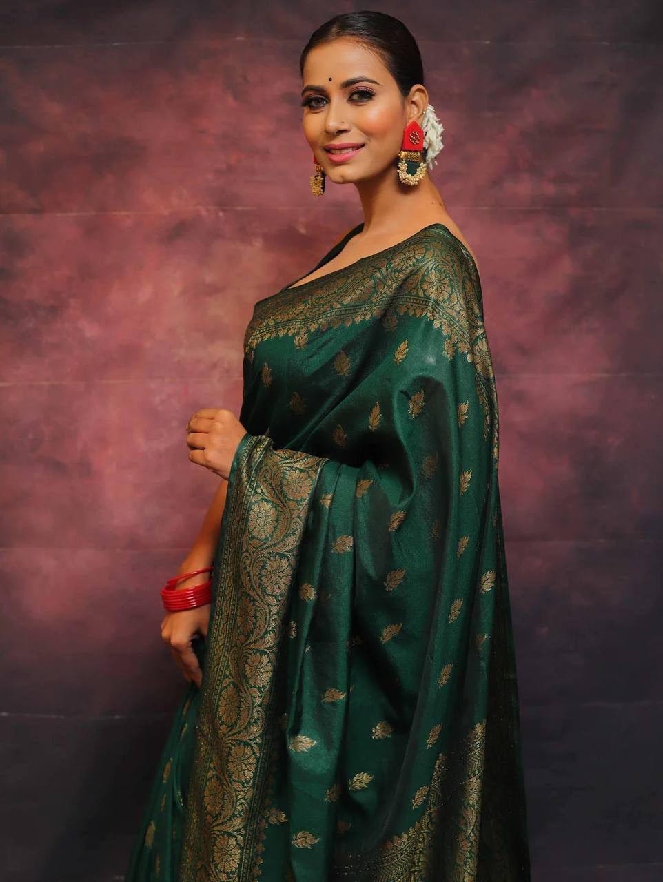 Wedding Wear Green Lichi Silk Saree with Golden Jacquard Pallu & Indian Blouse