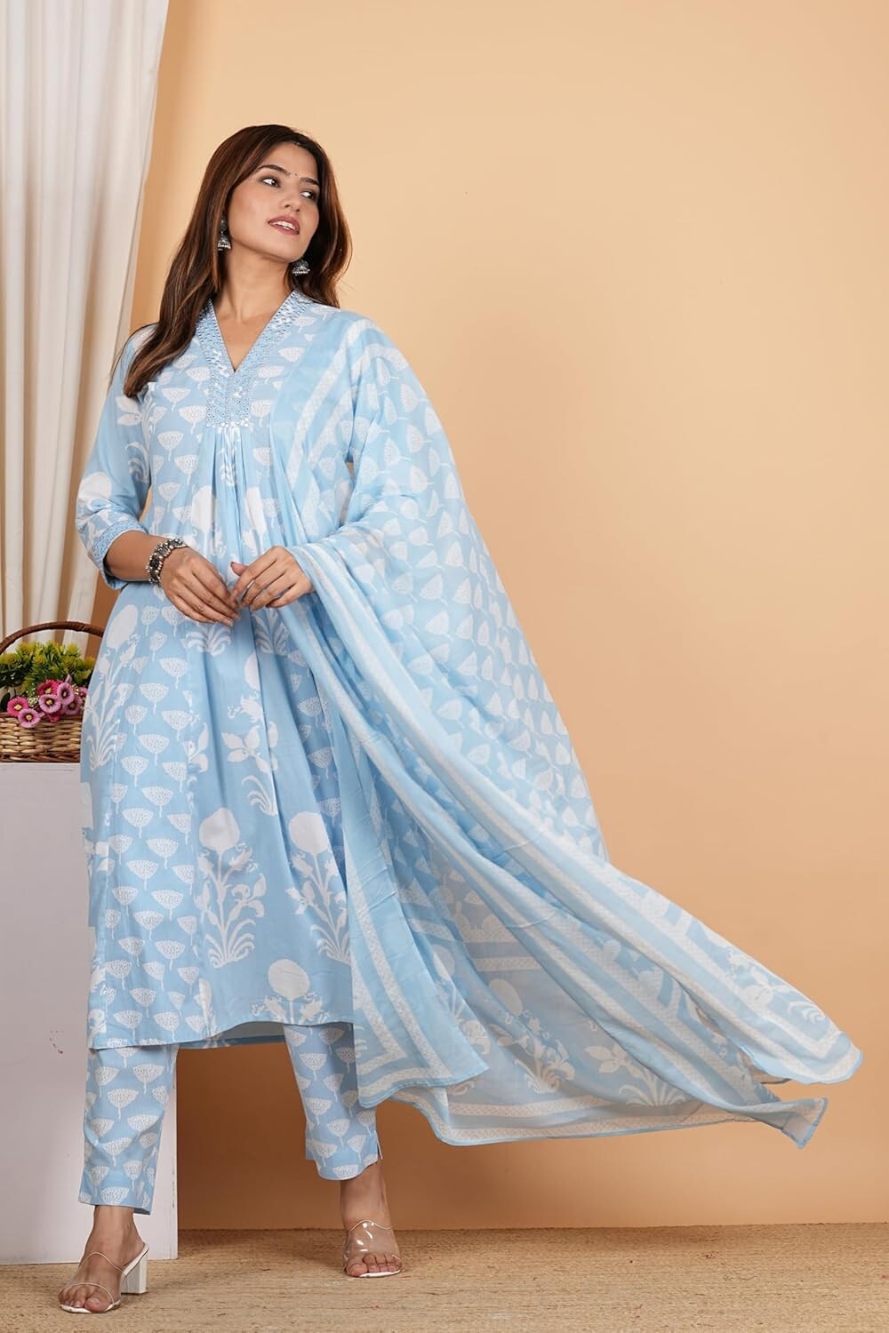 Women’s Cotton Calf Length V-Neck Botanical Print Regular Fitted Anarkali Kurta