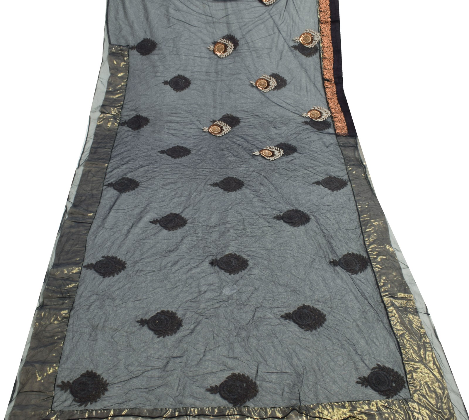 Sushila Vintage Black Net Mesh Indian Saree Hand Beaded Floral Sari Craft Fabric