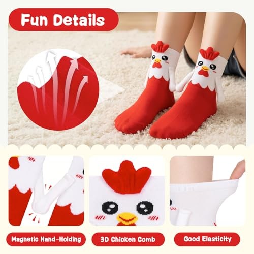 Magnetic Holding Hands Socks – Funny Chicken Animal Socks for One Size Red