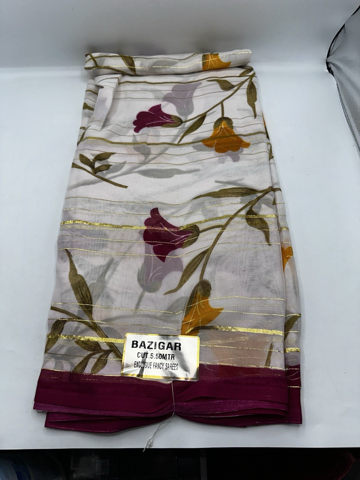 Bazigar Floral Saree 5.5M White Red Gold Sheer Traditional Wrap New Yellow