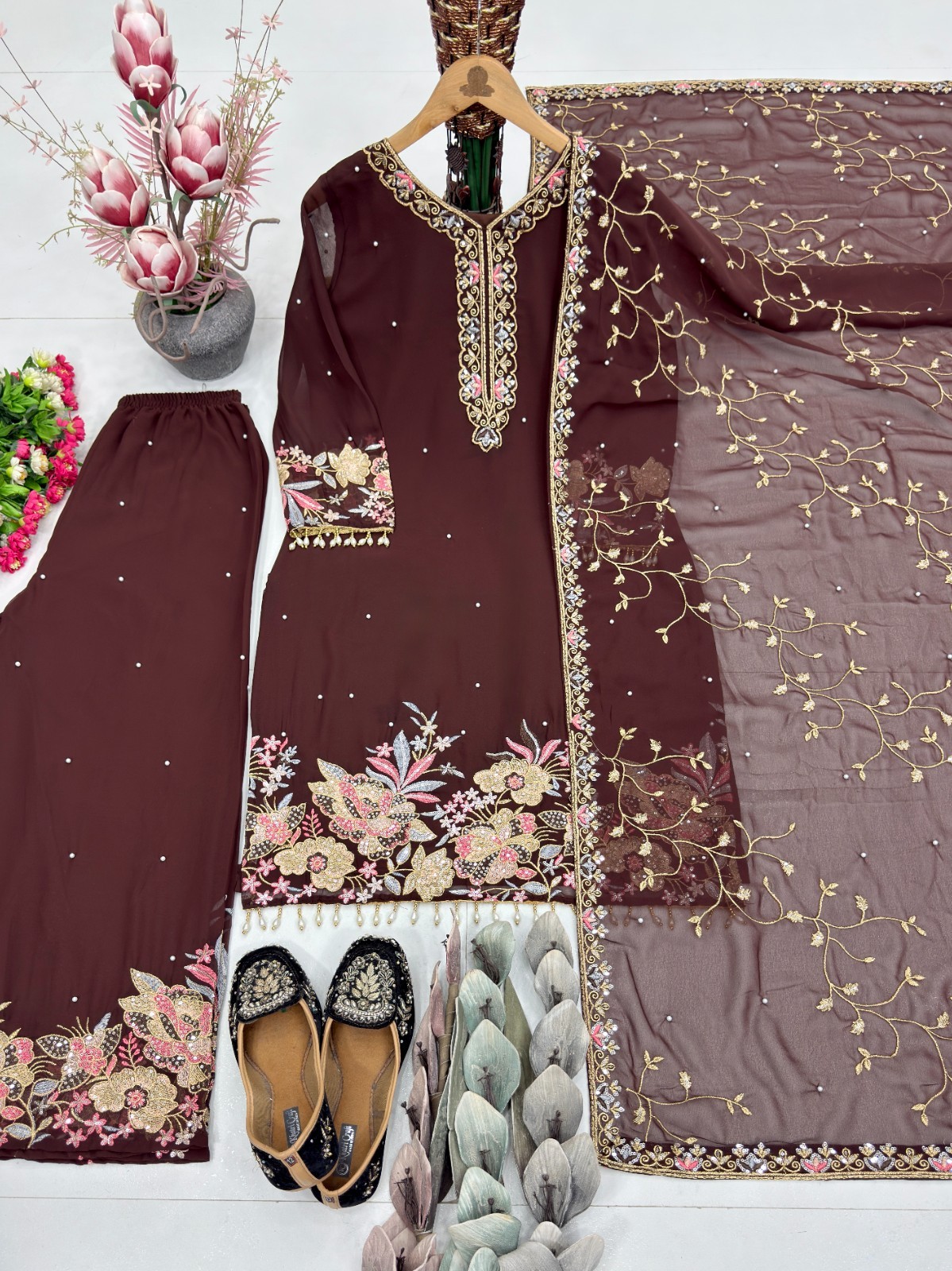 Wine Color Ready To Wear Faux Georgette Salwar Kameez Wedding Party Ethnic Suit
