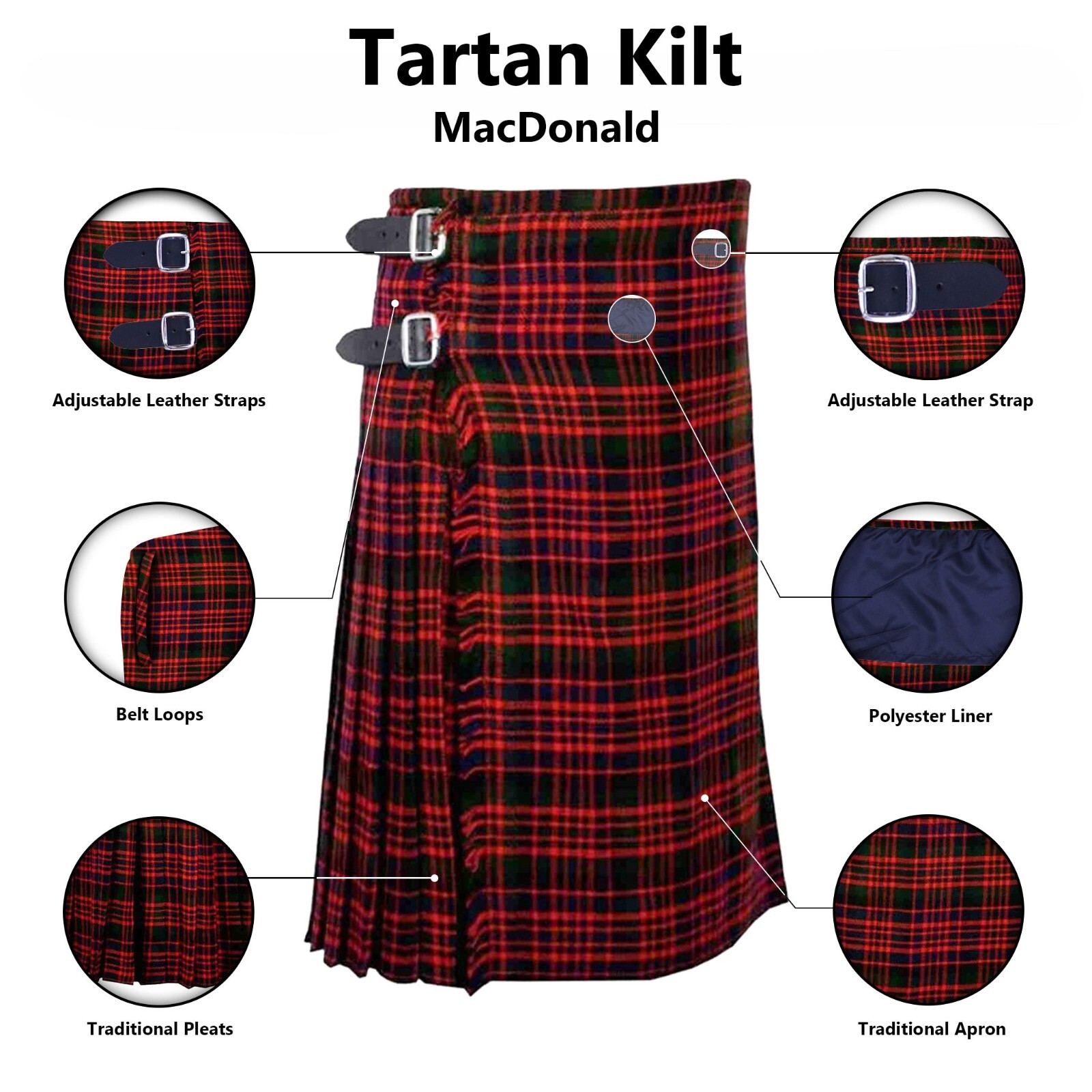 Highlander Tartan Kilt MacDonald 8 Yards 6 Pieces Kilt Set Full Scottish Outfit