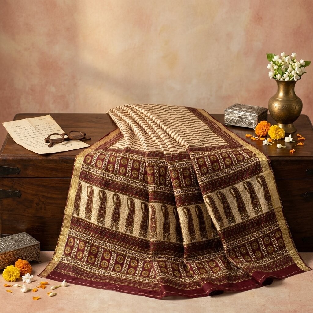 Sanskriti Vintage Beige-Wine Moss Crepe Saree Paisley Printed Fabric 6 Yard Sari