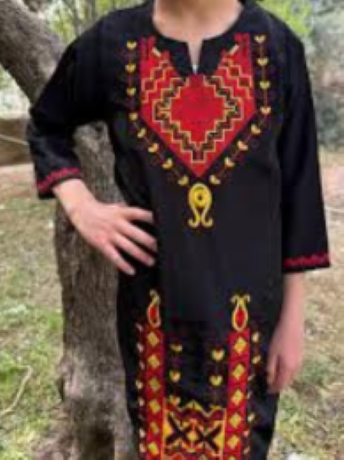 Handmade Palestinian Embroidered Dress – Traditional Black Thobe with Red Tatree