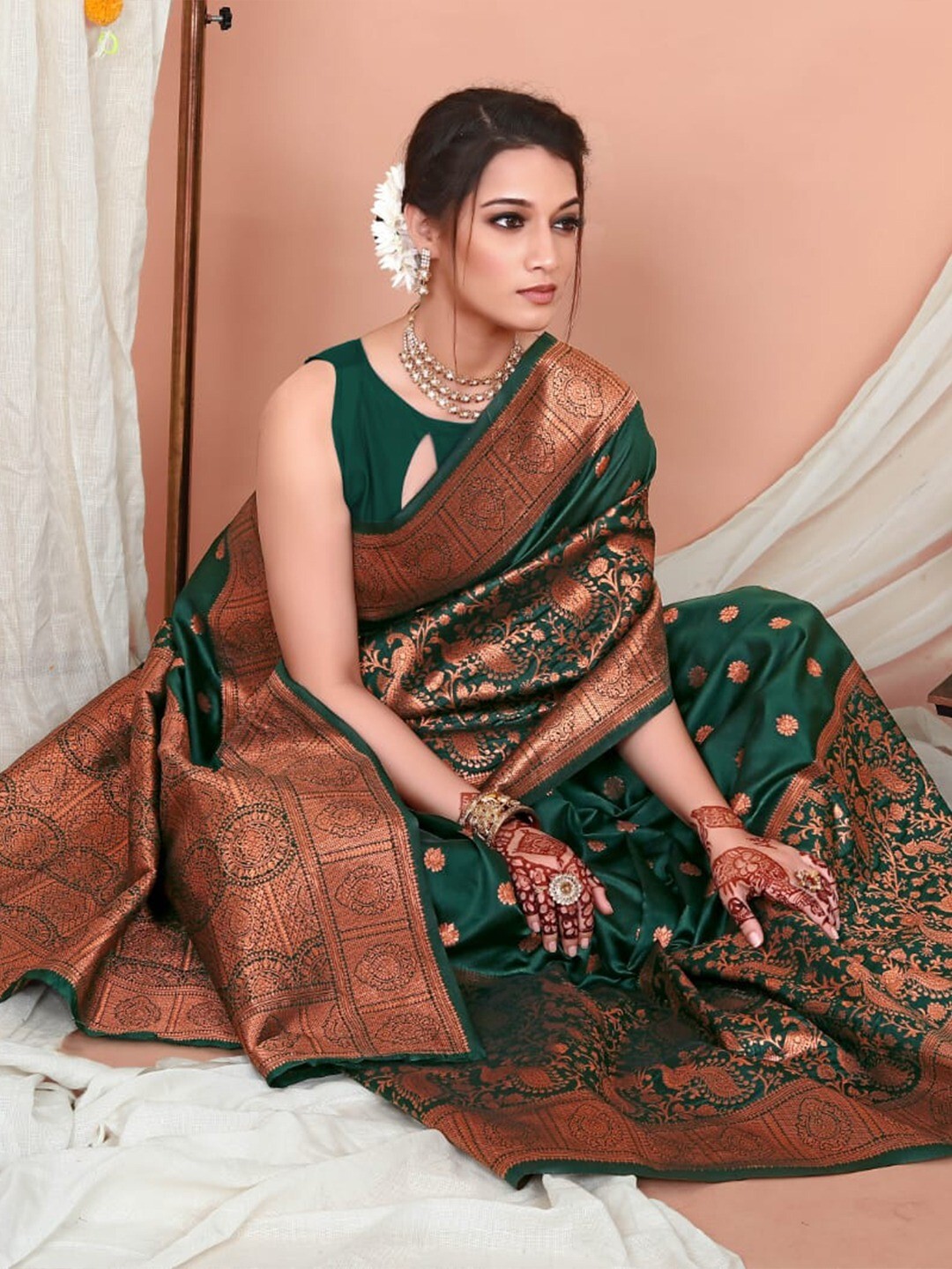 Areca designer Copper Mor Zari Work Silk saree blouses women Saree Cut 5.5 Meter
