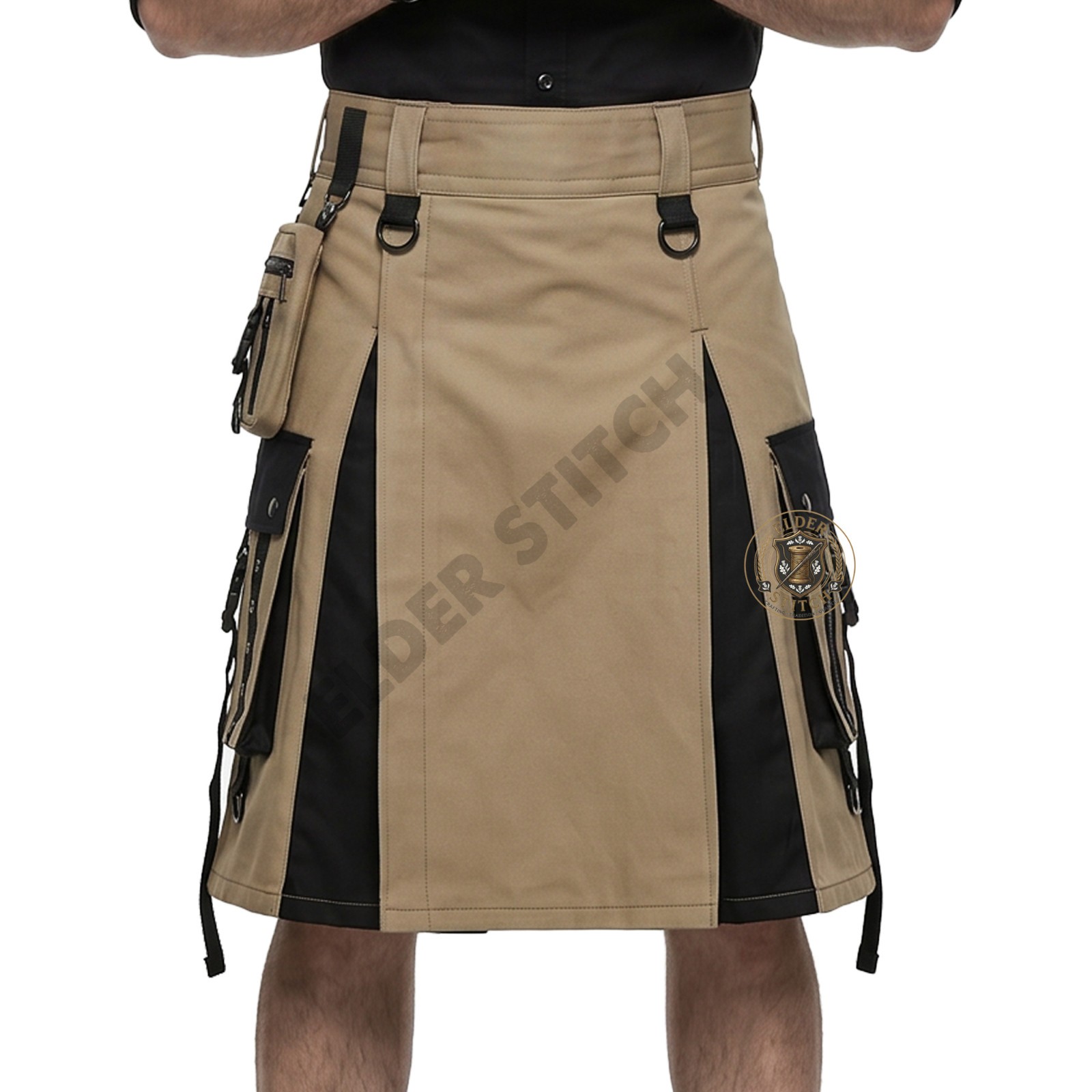 Men’s Utility Kilt Tan Black Cargo Cotton Tactical Hybrid Kilt for Festivals