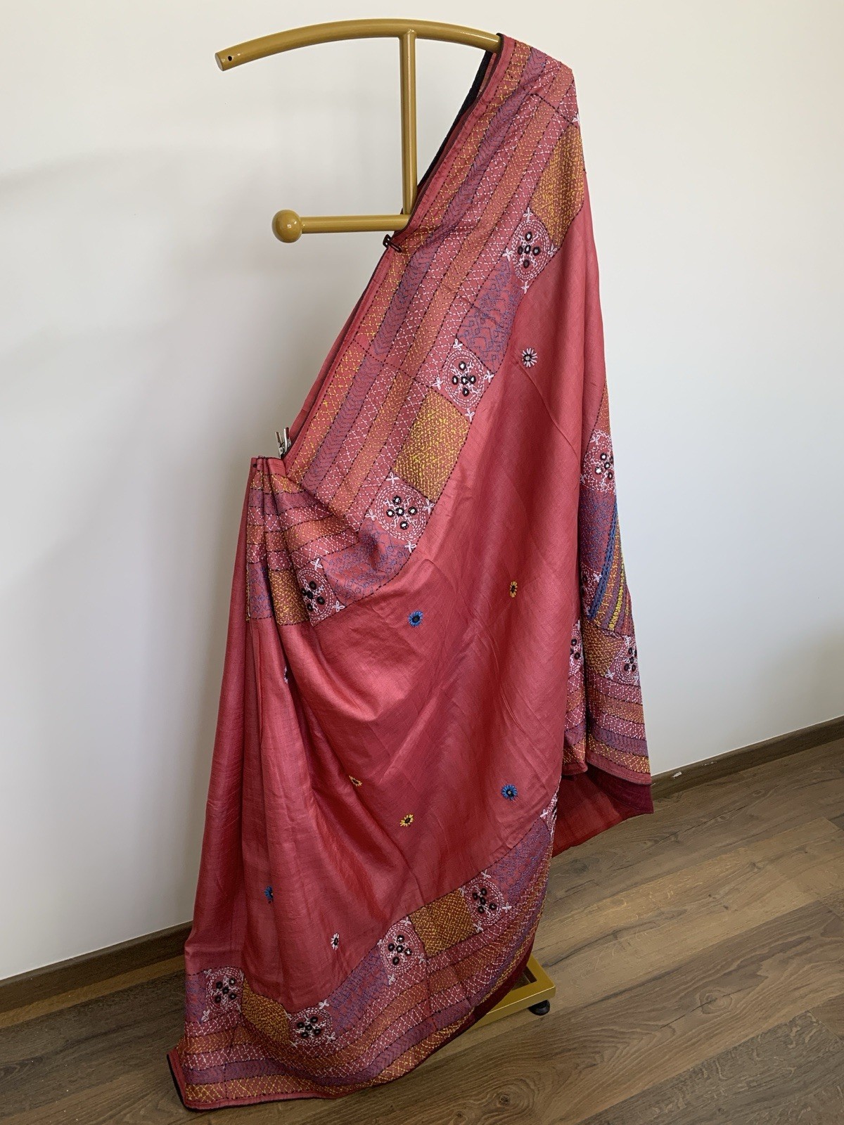 Red Hand Embroidery Kutch Tussar Silk Saree Festival party wear For Women