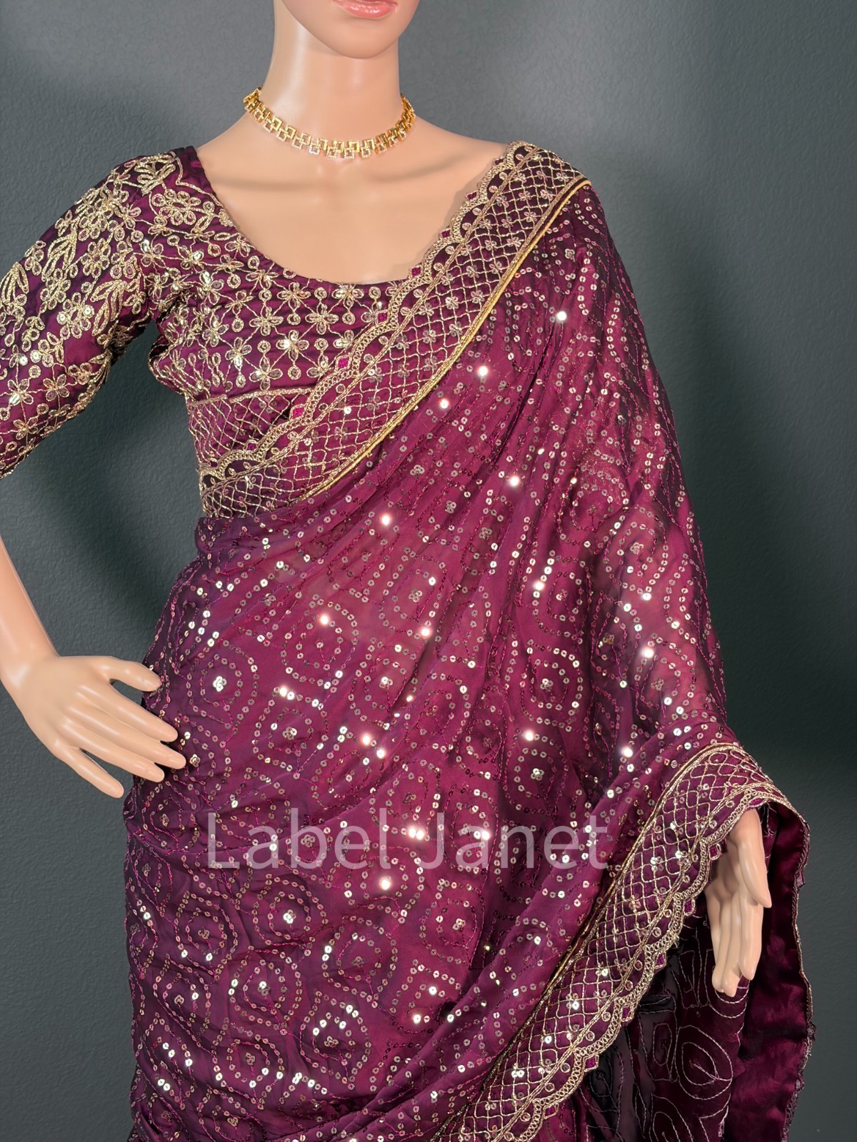 Wine Purple Sequin Party Wear Saree with Stitched Blouse (36-42″)