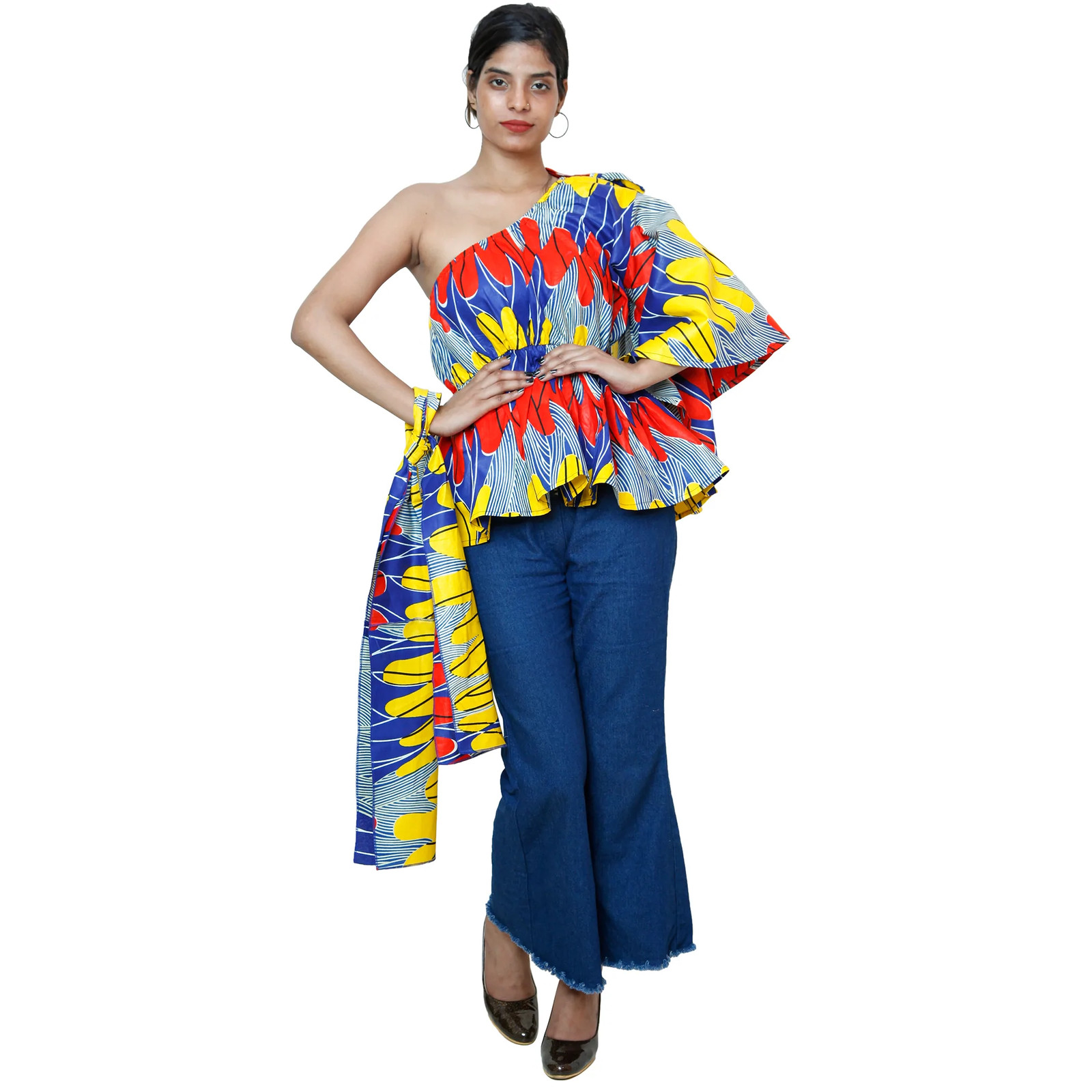 African Women’s One Shoulder Peplum Blouse with Matching Headwrap — FI-2065