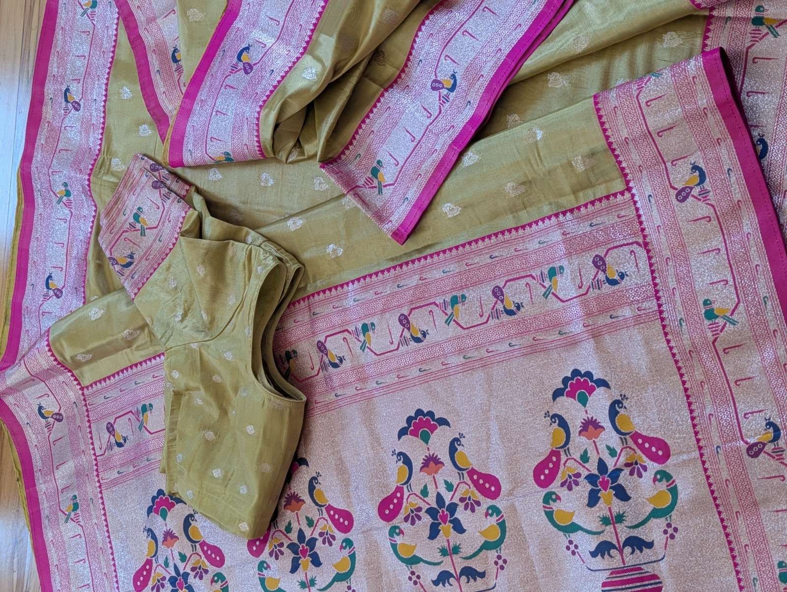 Saree Paithani Silk Muniya Peacock Minakari Zari Border Pallu Stitched Blouse