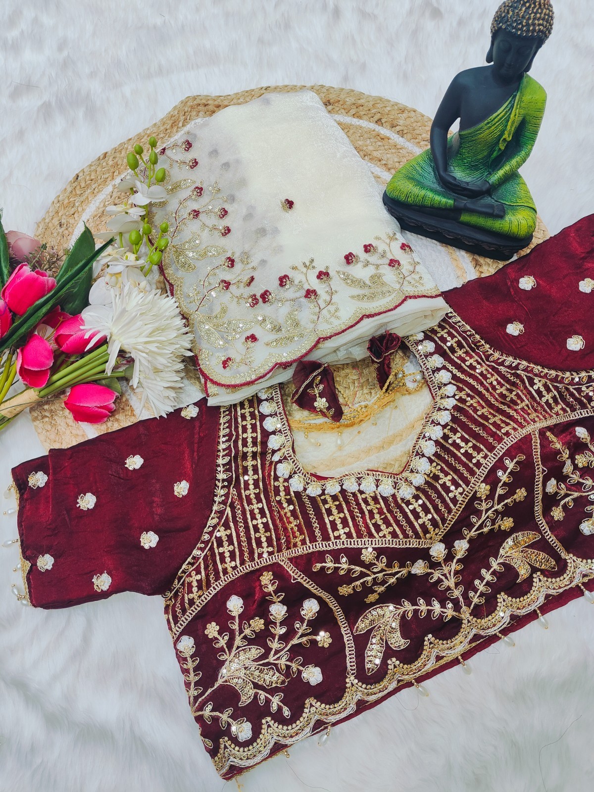 Soft Organza Party Wear Saree with Delicate Floral Embroidery & Designer Blouse