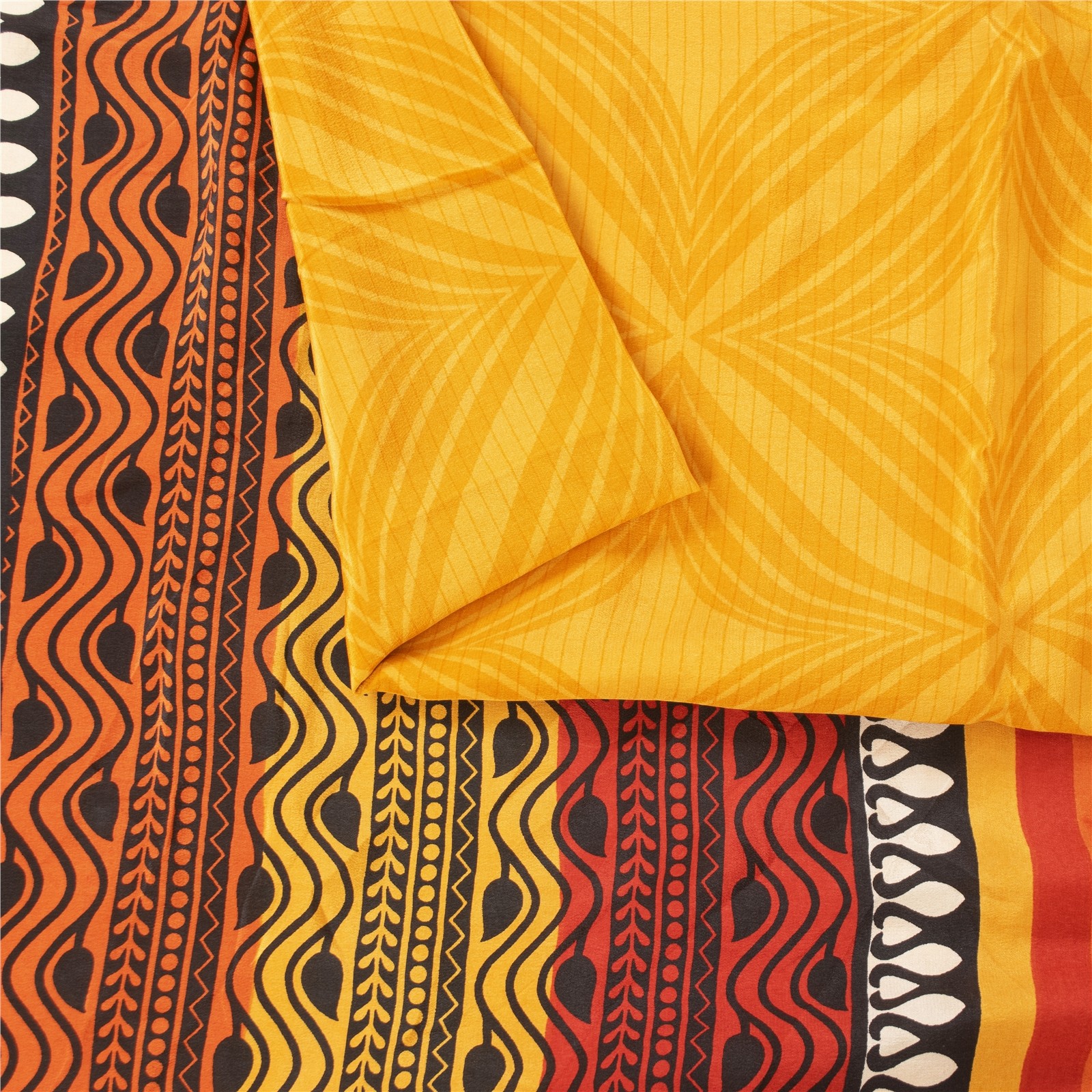Sanskriti Vintage Saree Yellow Pure Crepe Silk Geometric Print Sari 5.5Yd Fabric