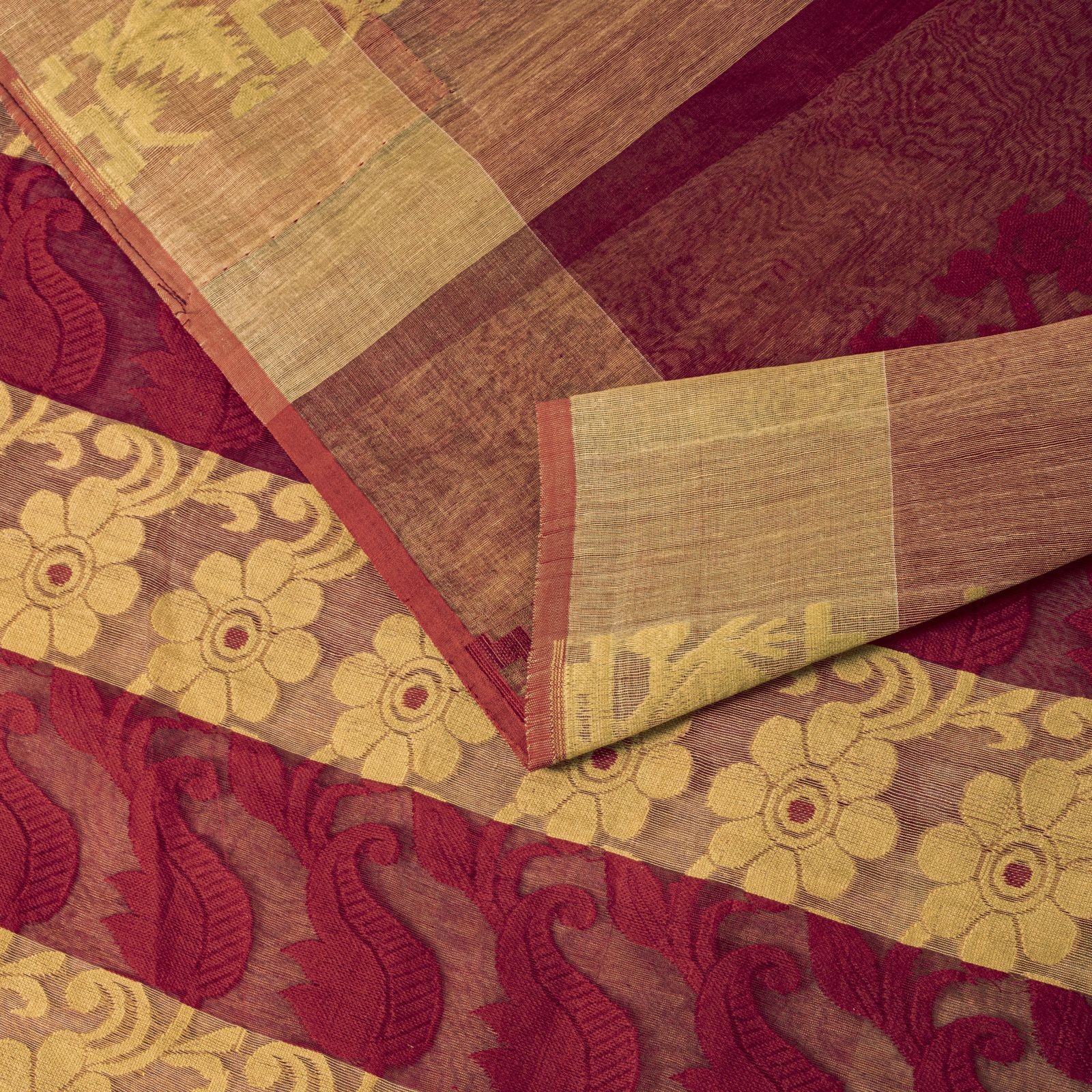 Sanskriti Vintage Saree Red Blend Cotton Jamdani Woven Bengali Sari 5.5Yd Fabric