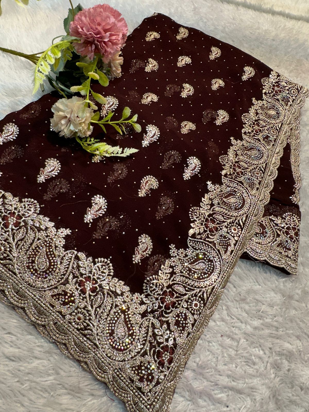New Designer Georgette Saree Heavy Silver Zarkan Swarovski Work Mango Pattern