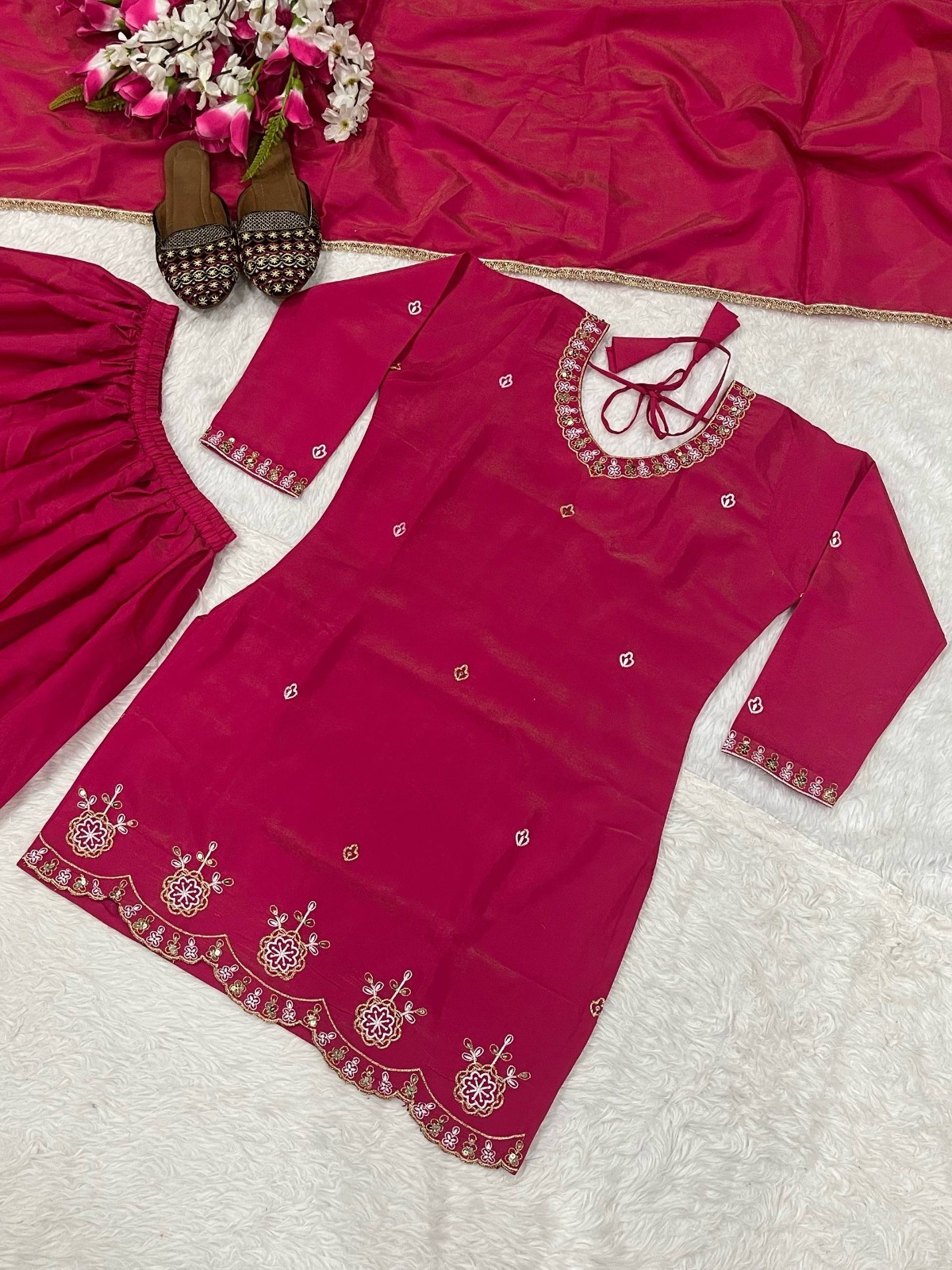 New Latest Heavy Simmer Silk Pink Top Palazzo With Dupatta For Wedding Wear