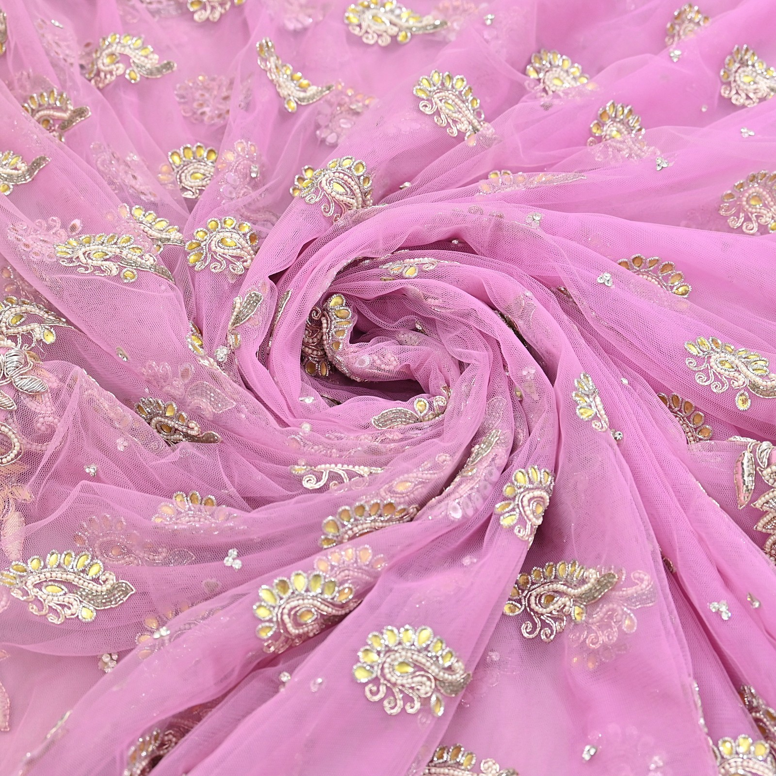 Indian Vintage Sari Pink Net/Mesh Hand Embroidered Anamika Khanna Designer Saree