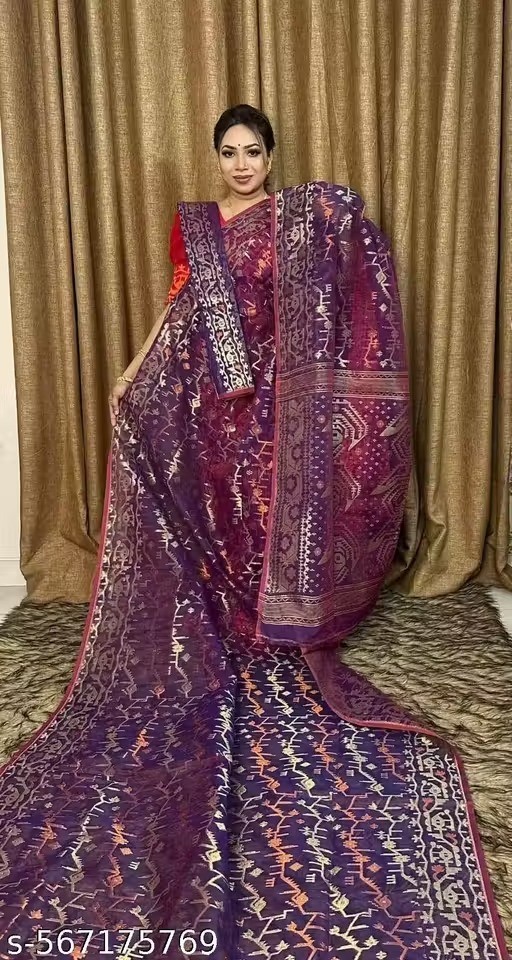 Traditional Bengali Handmade Jamdani Saree With Unstitched Bloused Wedding Wear