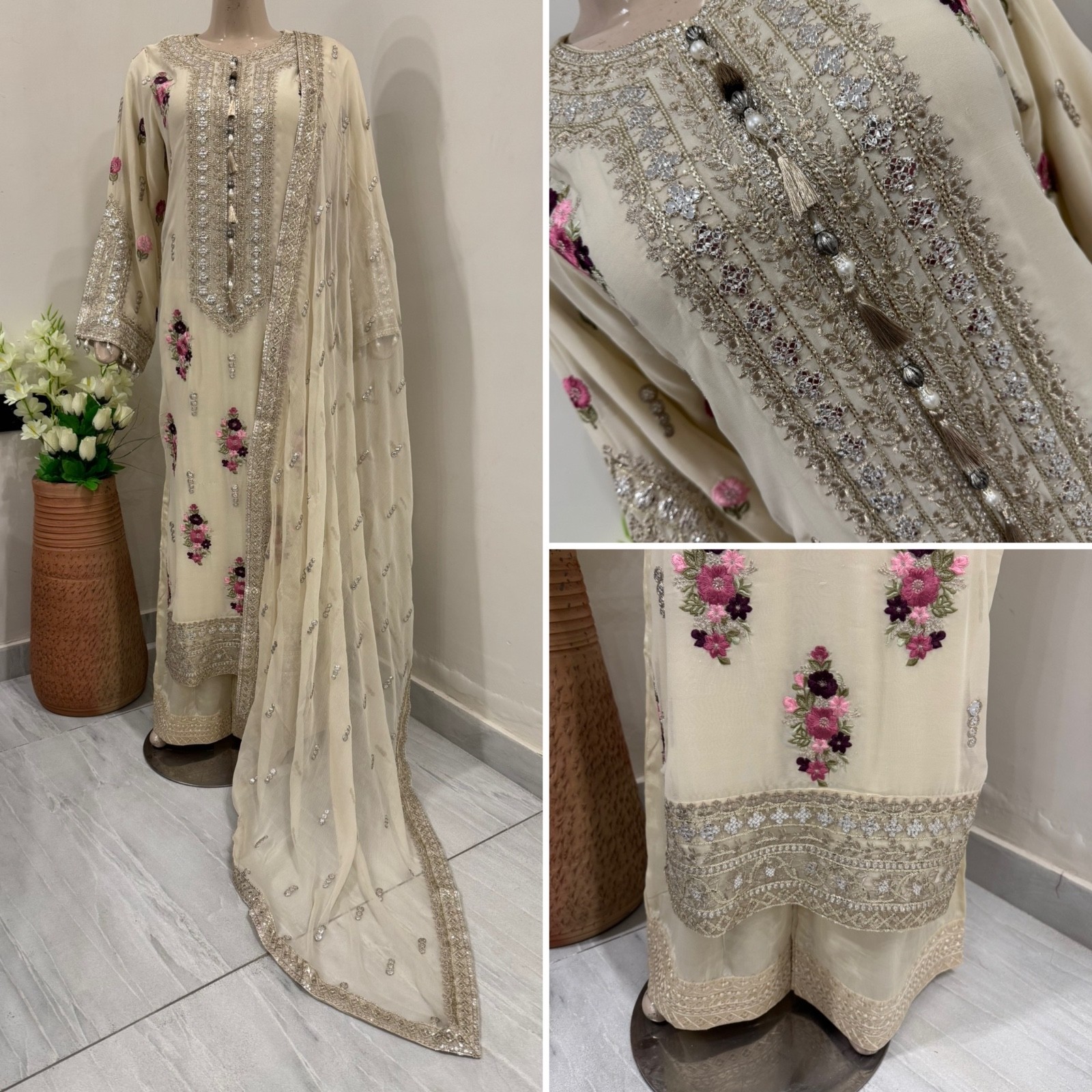 Pakistani Off White Fancy Chiffon Dress with embroidery & Squins work, XL