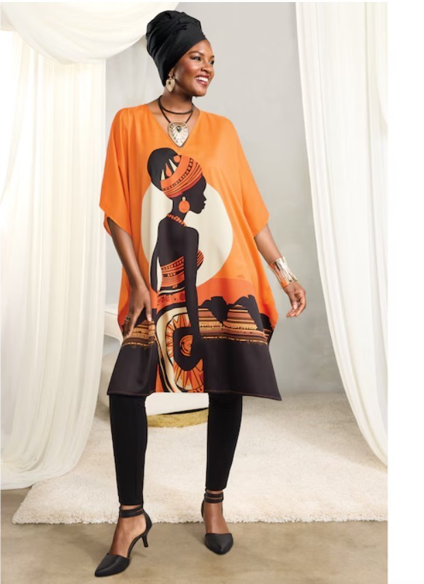 OSFM Ashro Orange Ethnic African American Pride Aku Caftan Afrocentric Print
