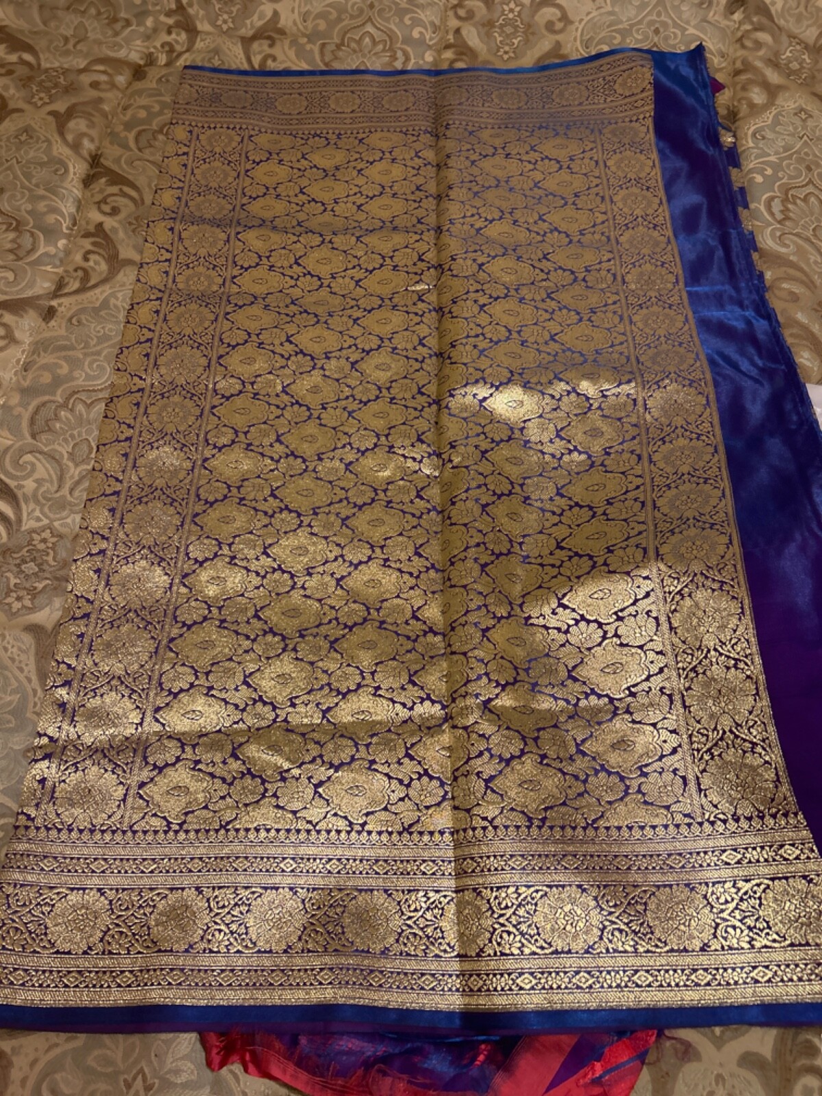 Dark Blue/Purple Banarasi Style Silk Saree with Unstitched Blouse