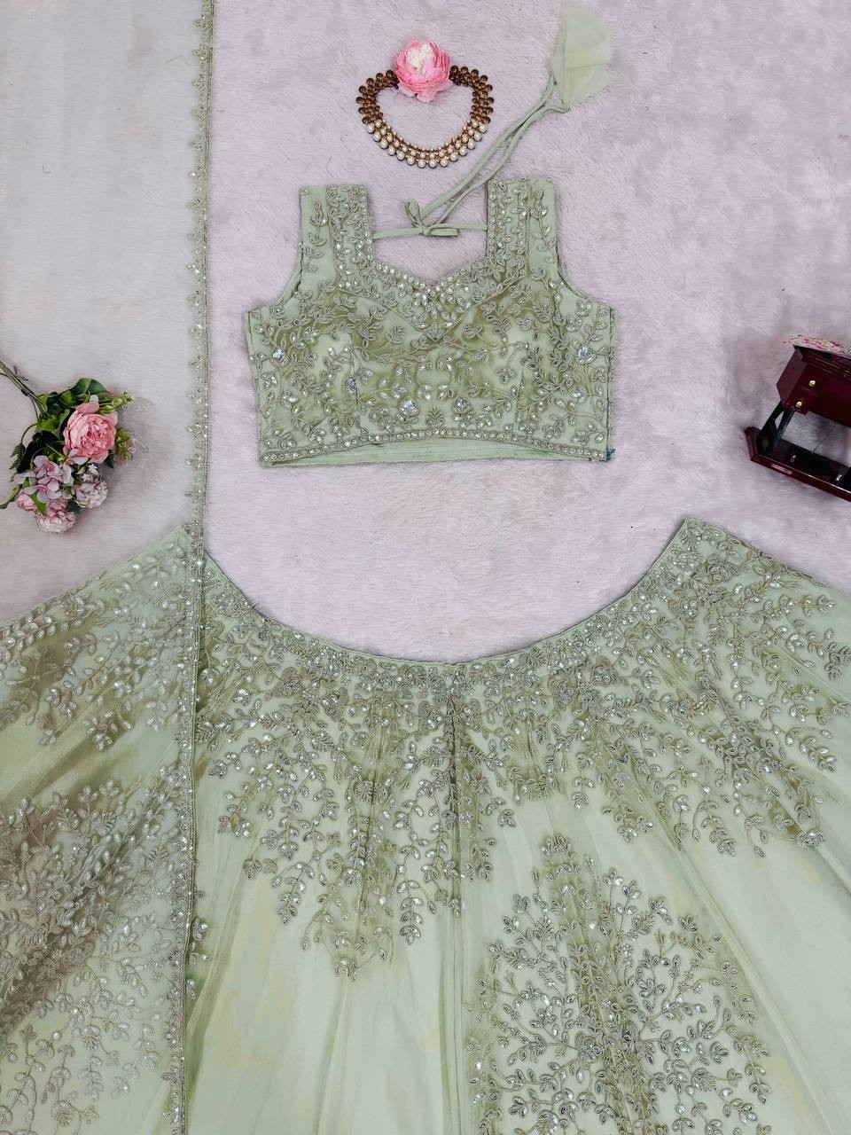 Latest Soft Butterfly Net Lehenga Choli And Pista Green Dupatta For Wedding Wear