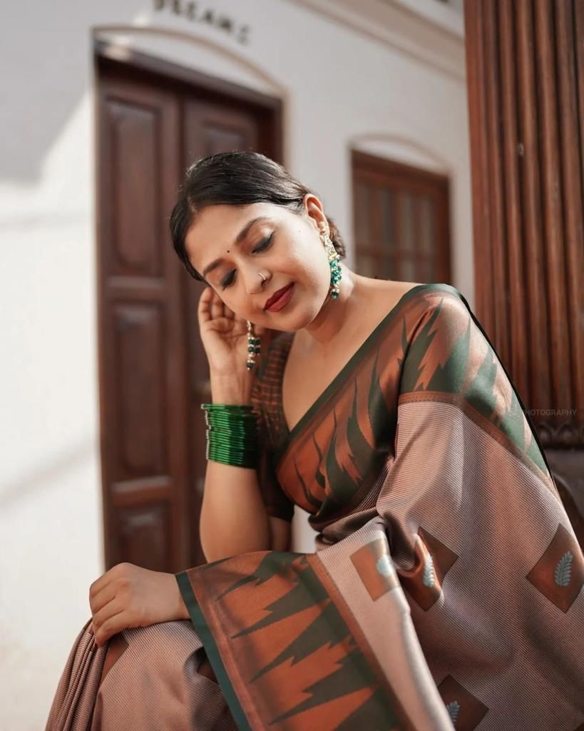 Rose Gold Green Lichi Silk Saree Rich Pallu Jacquard Work All Over Indian Sari