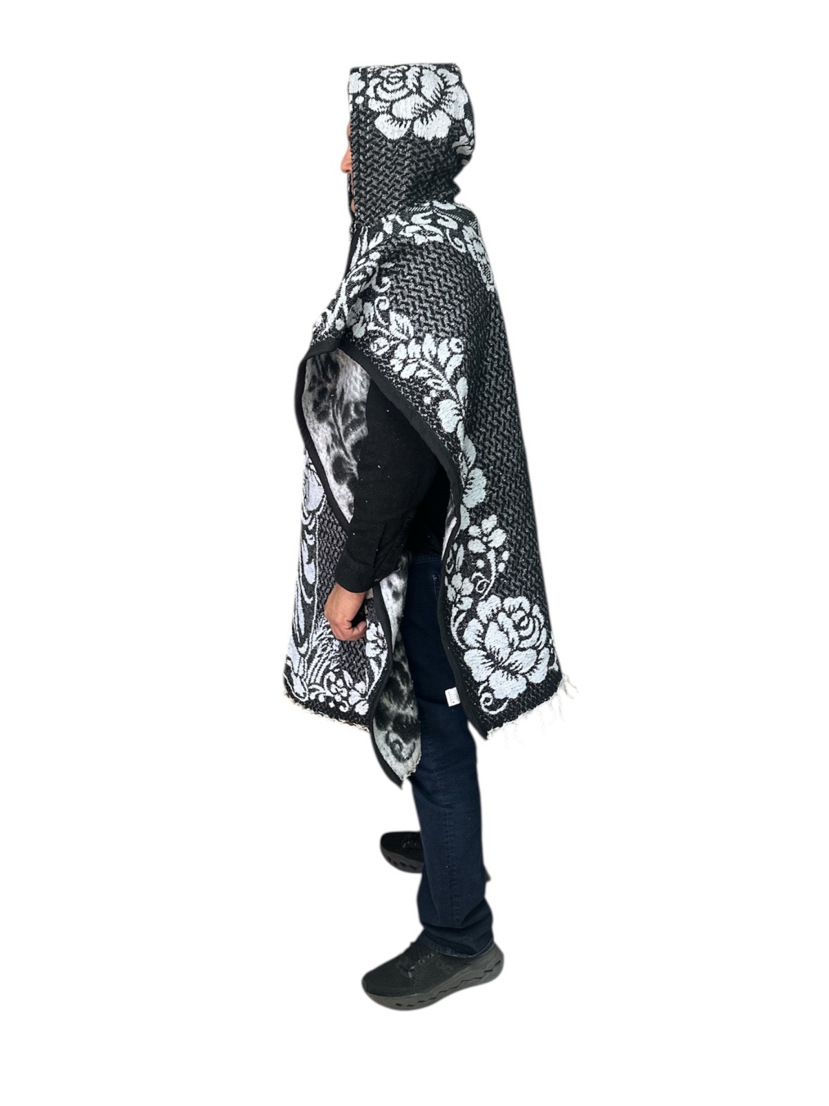 MEXICAN PONCHO WITH HOOD, SAN JUDAS , SAINT JUDE , BLANKET, ONE SIZE, BLACK