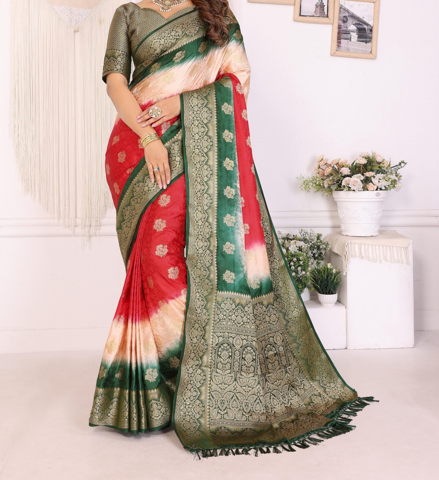 Buy 1 Get One Free Premium 3D Multi-Color Satin Silk Sari With Rich Zari Weaving