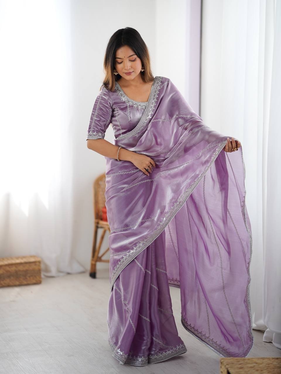 Gorgeous Look Heavy Silk Lavender Saree With Blouse For Indian Wedding