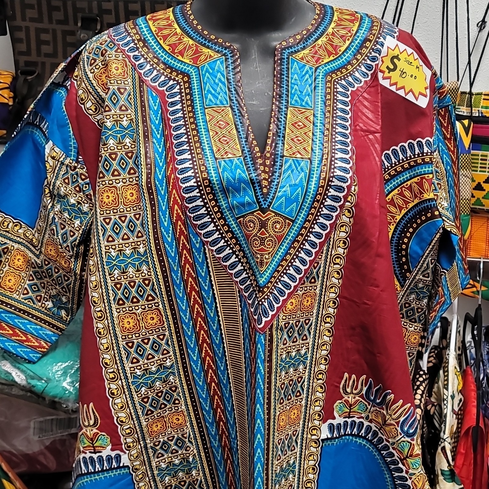Handmade African Dashiki Shirt Blue Red Yellow Black Medium