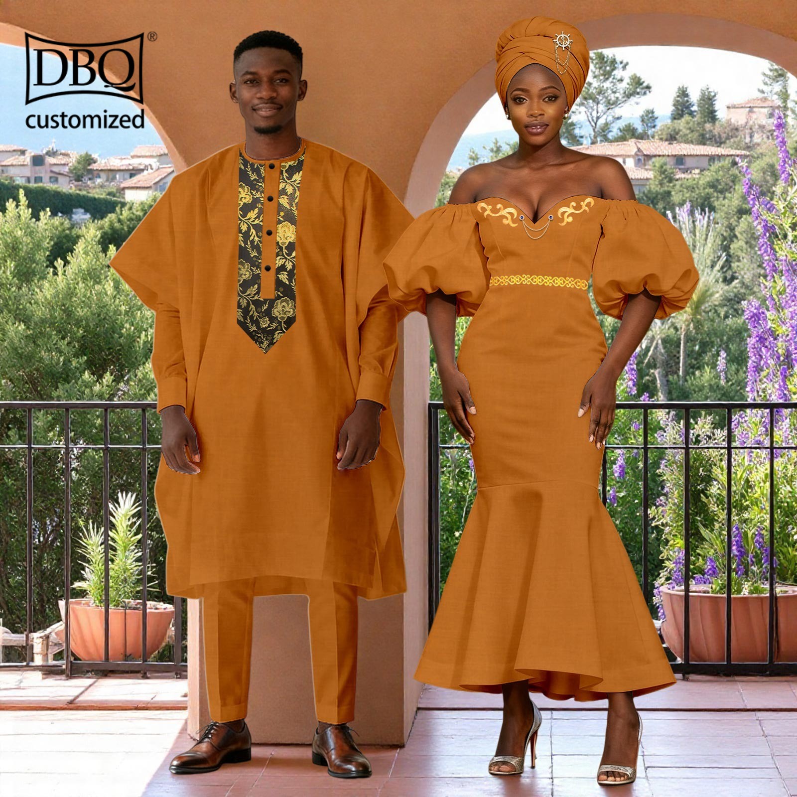 African Couple Clothes Men’s Agbada Shirt Pants Set Women Dress with Headwrap