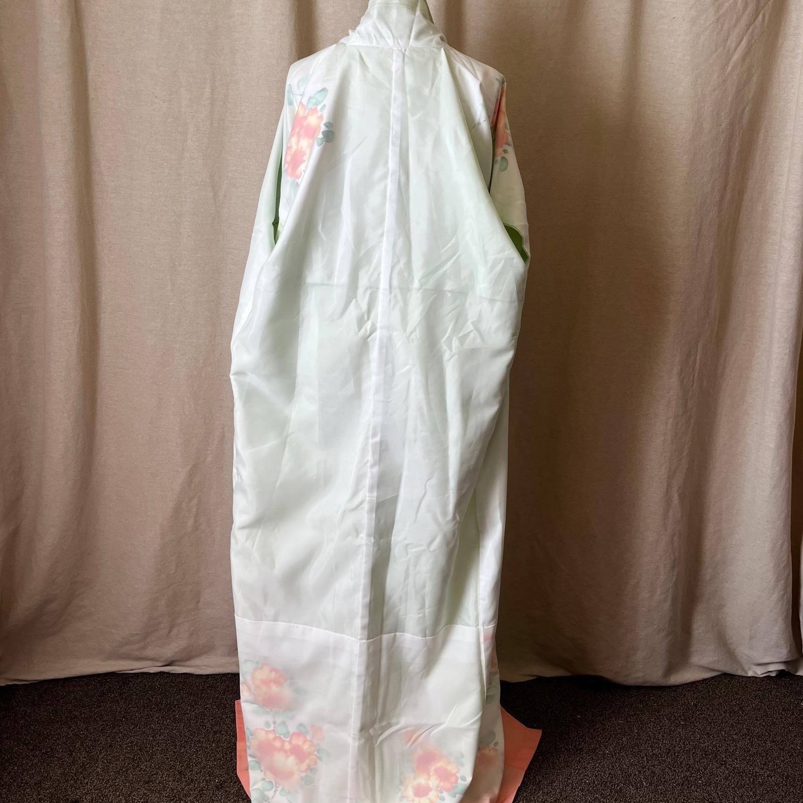 Hand Painted Silk Kimono Mint Green Peony Uchikake Long 63″ OS