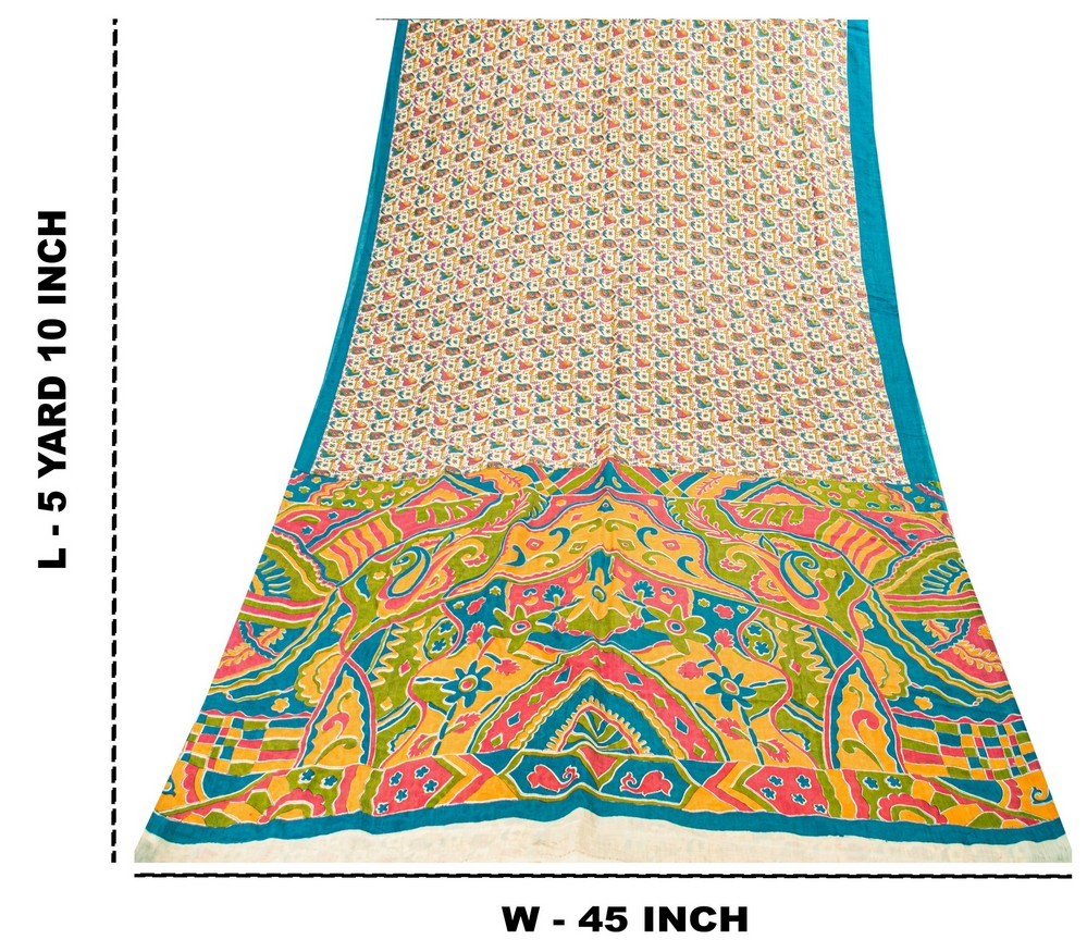 Sanskriti Vintage Sarees Ivory Pure Cotton Women Print 5+Yd Craft Supplies Sari