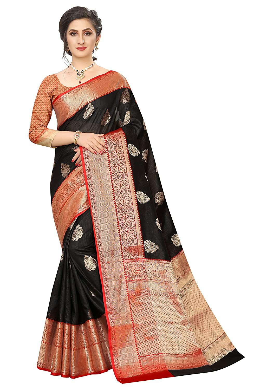 Silk Zone Women’s Banarasi Art Silk Saree With Un-stitched Blouse (Black)