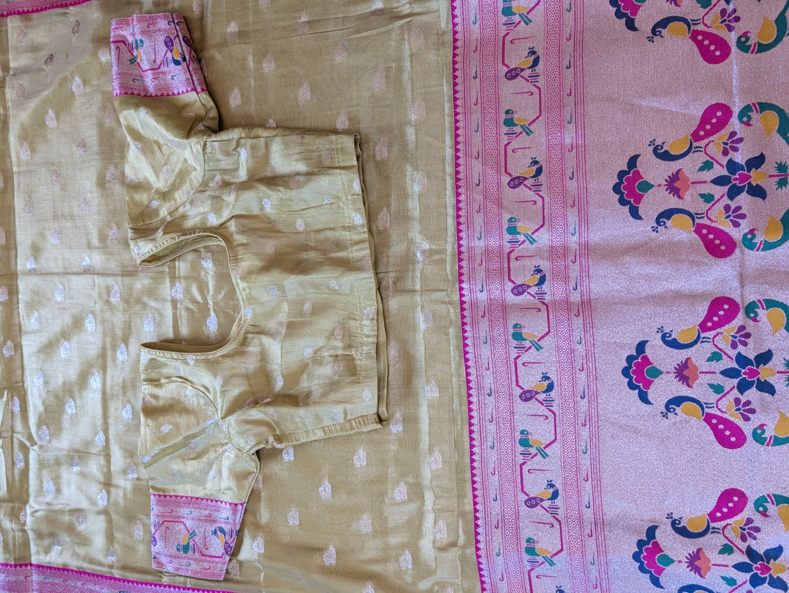 Saree Paithani Silk Muniya Peacock Minakari Zari Border Pallu Stitched Blouse