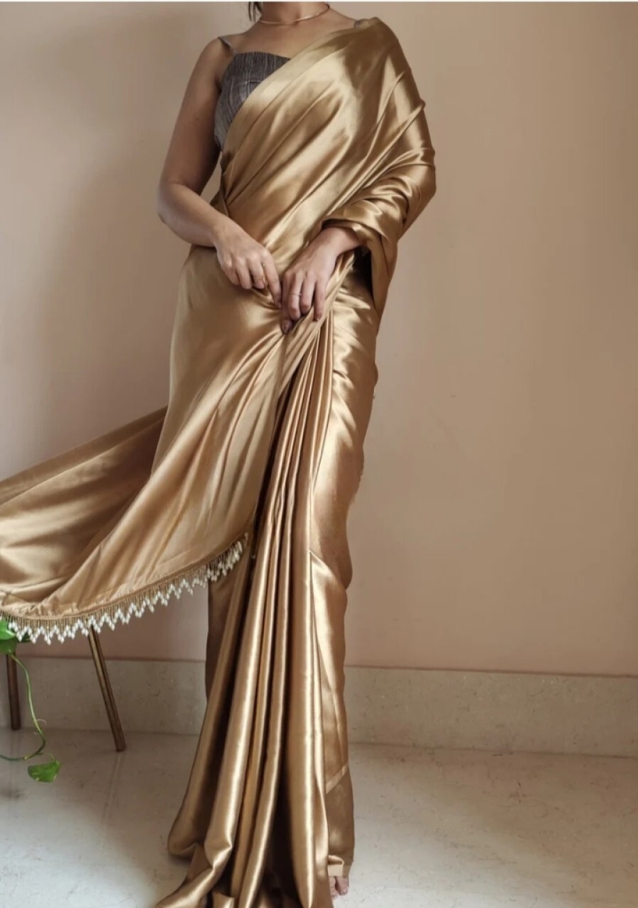 Solid/Plain Bollywood Satin, Silk Blend Saree (Gold)