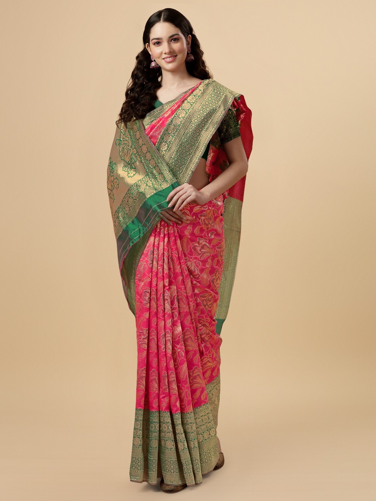 Areca Designer Pink Pushpa Silk Bunarasi saree blouses women Saree cut-5.5 meter