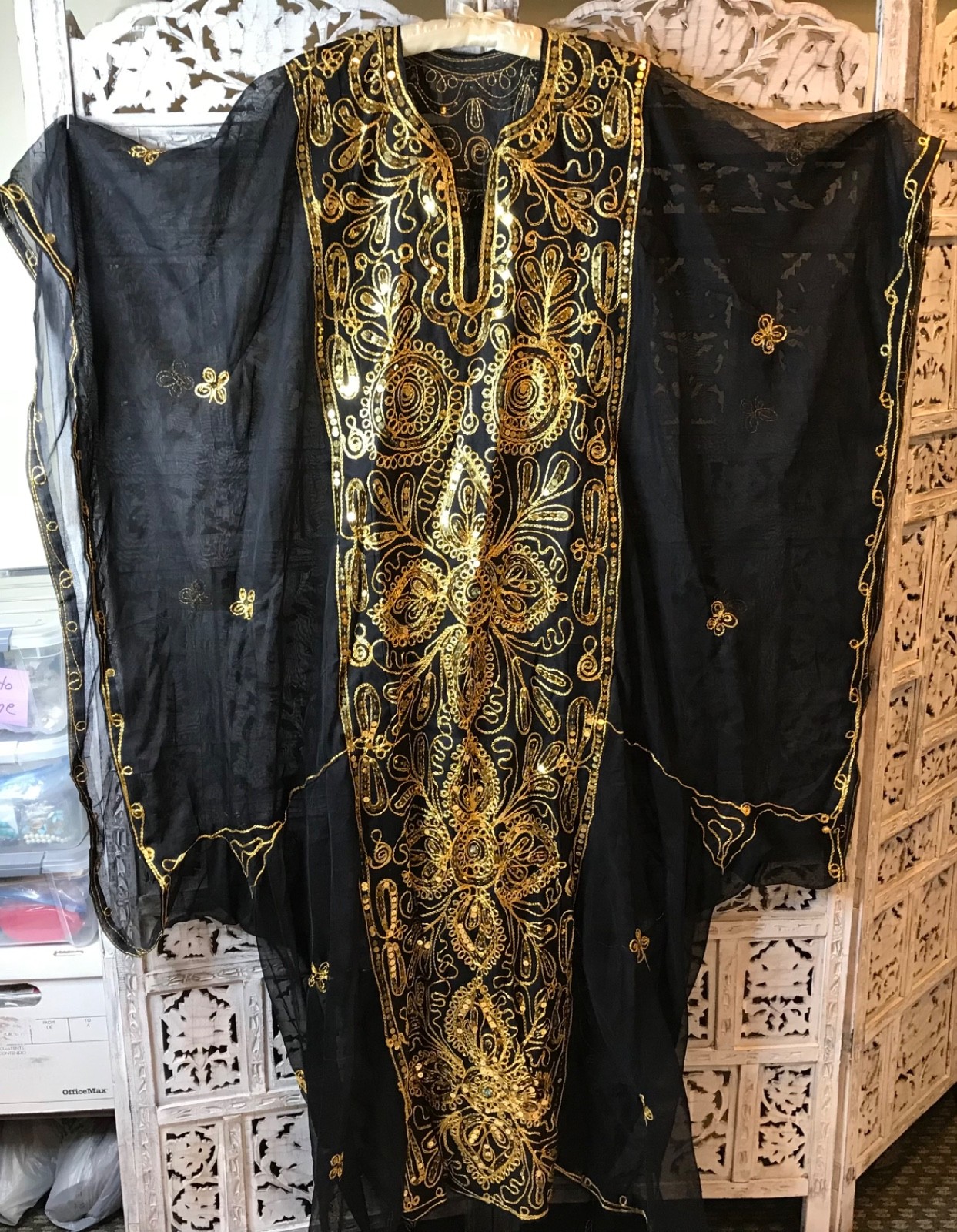 Kalieji caftan abaya belly dance dress black chiffon gold tone sequins
