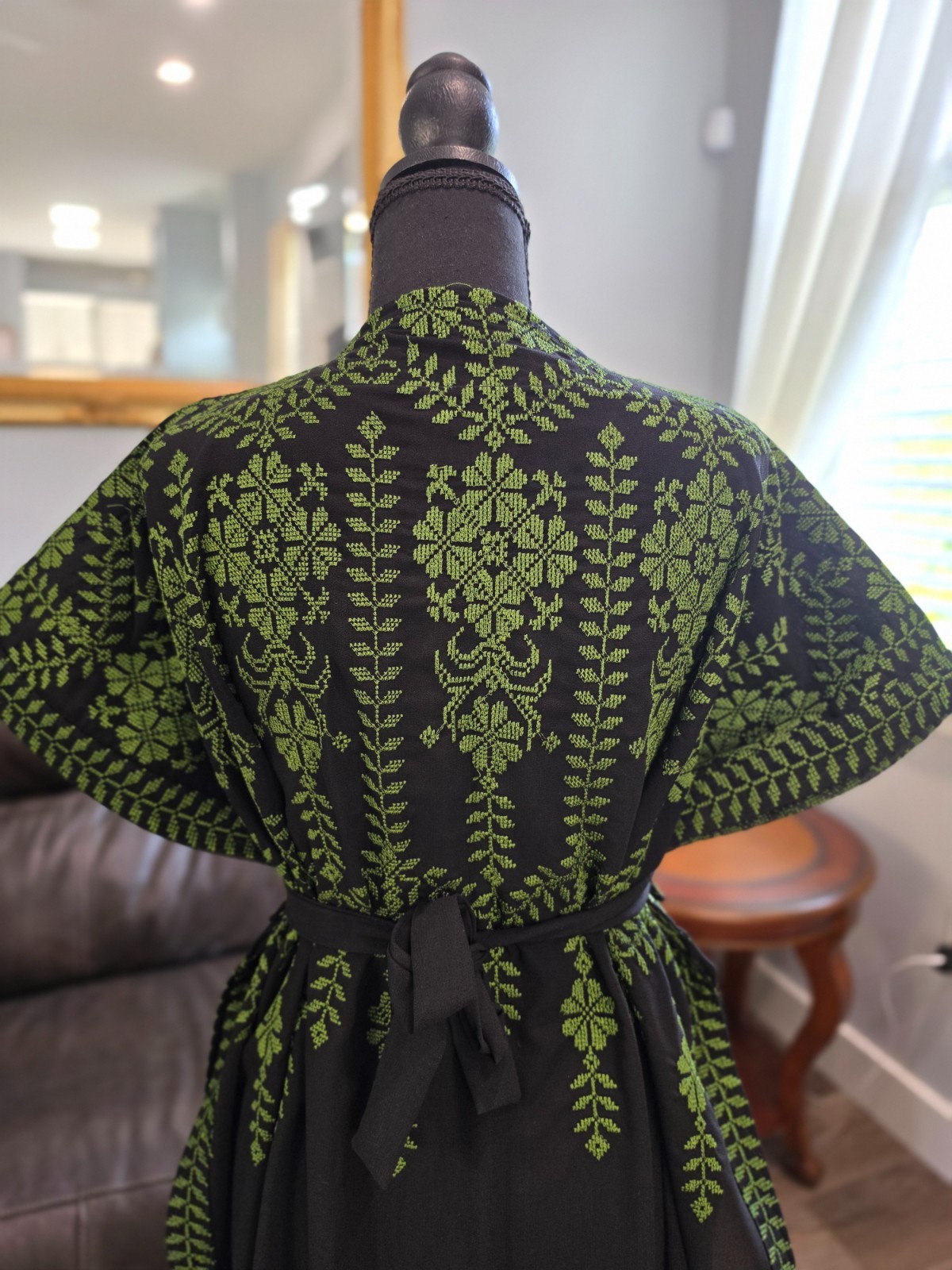 Black Palestinian Jordanian Abaya Thobe with Green tatreez Embroidery