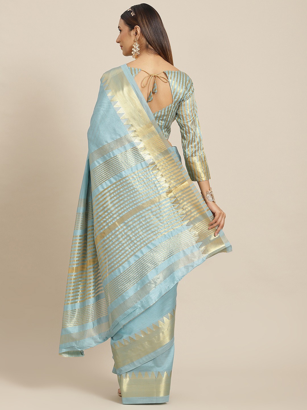 Women’s Turquoise Blue & Gold-Toned Woven Design Silk Blend Kasavu Saree