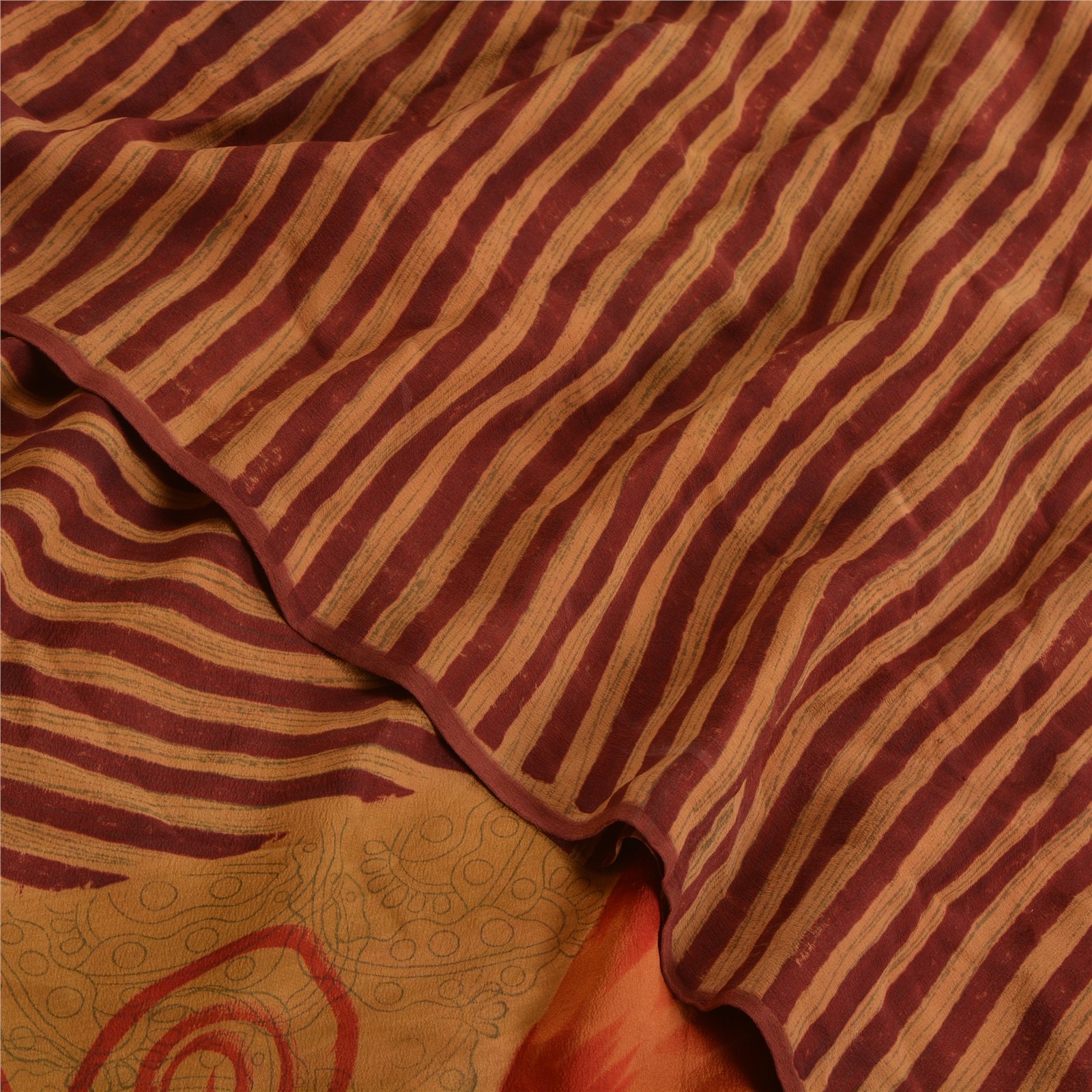 Sanskriti Vintage Sarees Red/Green Pure Crepe Silk Printed Sari 5Yd Craft Fabric