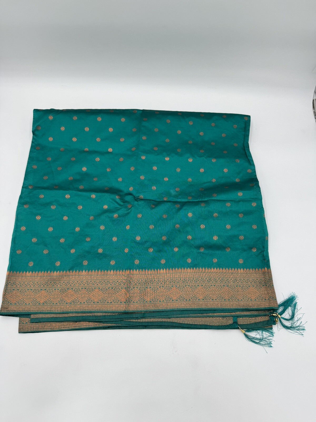 Dupatta Craft Material Teal Green Gold Print Indian Fabric 45″ W X 89″L Tassels