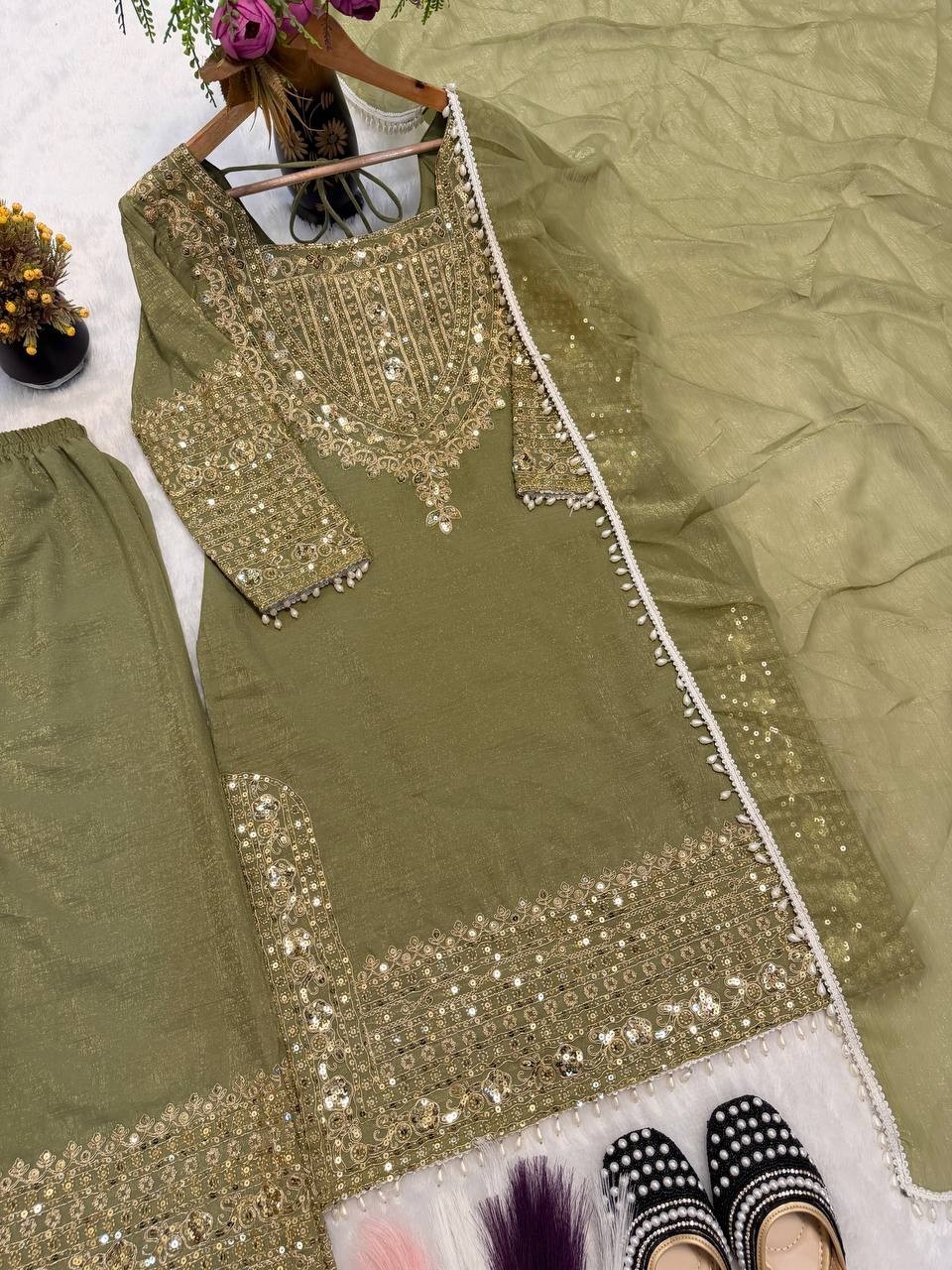 New Crunchy Silk Olive Green Top Palazzo With Dupatta For Reception Wear