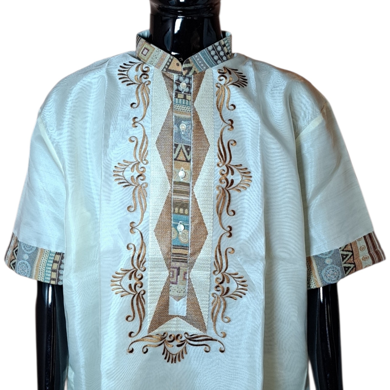 Men’s Short Sleeve Barong Tagalog Filipino Formal Shirt w/ Ethnic Fabric