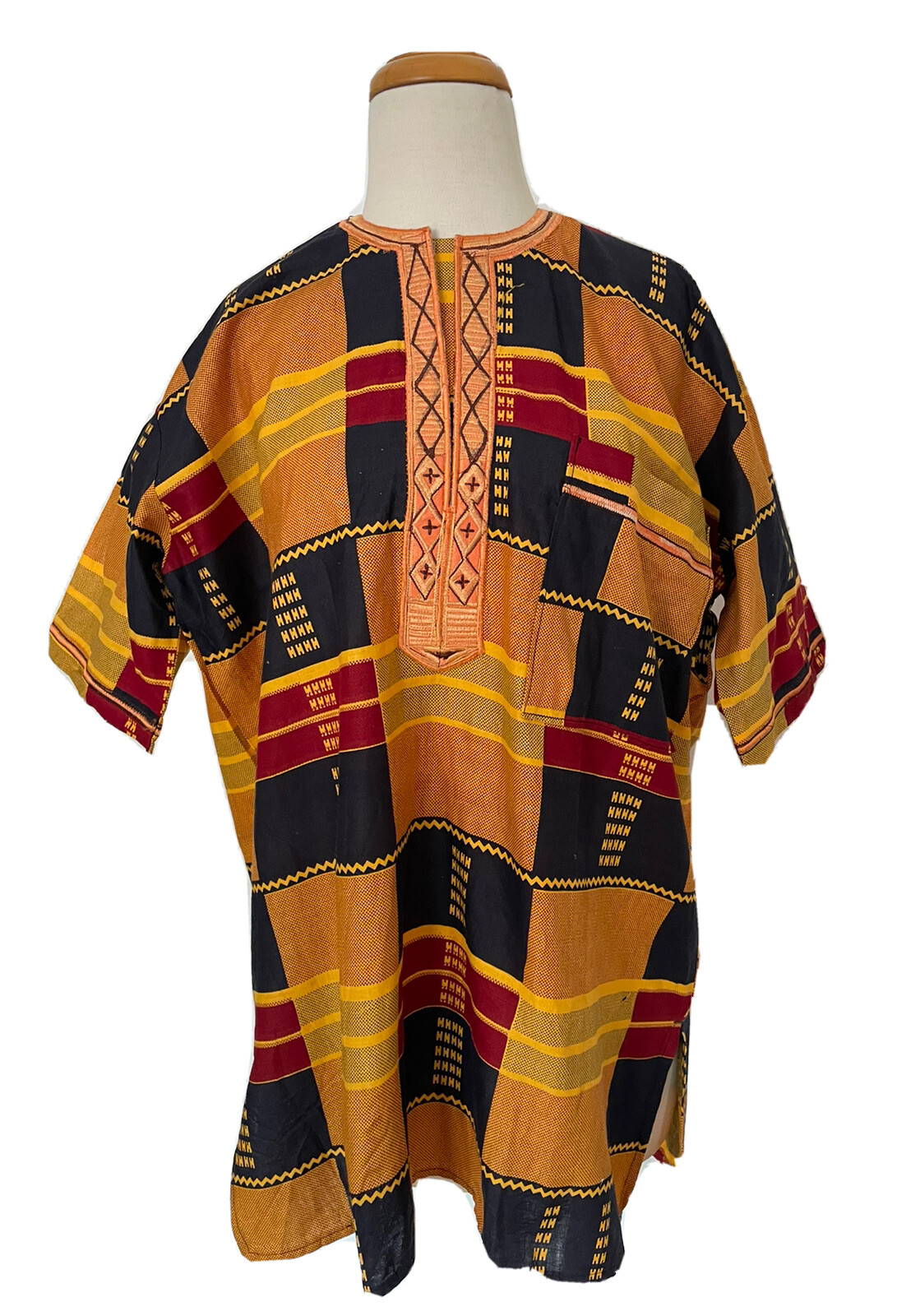DASHIKI Mens L African Shirt Top Cotton Yellow Blue Red Short Sleeve Pocket #2