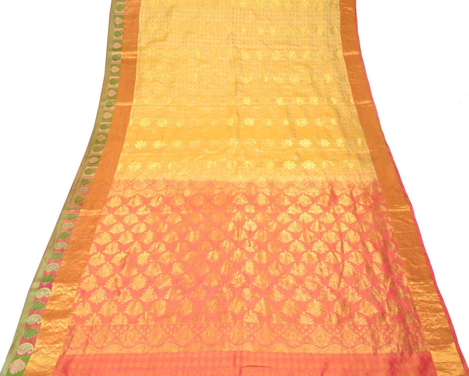 Sushila Vintage Light Yellow kanjivaram Saree Pure Silk Zari Brocade Sari Fabric