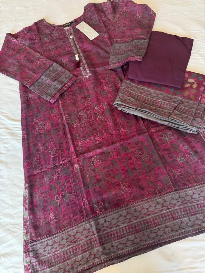 New HZ 3pcs soft khaddar winter wear lace work dress M42